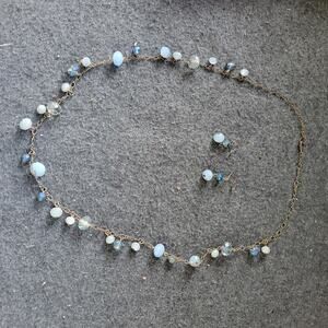 Vintage Boho Glass Bead Necklace & Earrings Set Blue Opalite Style Bronze‎ Chain